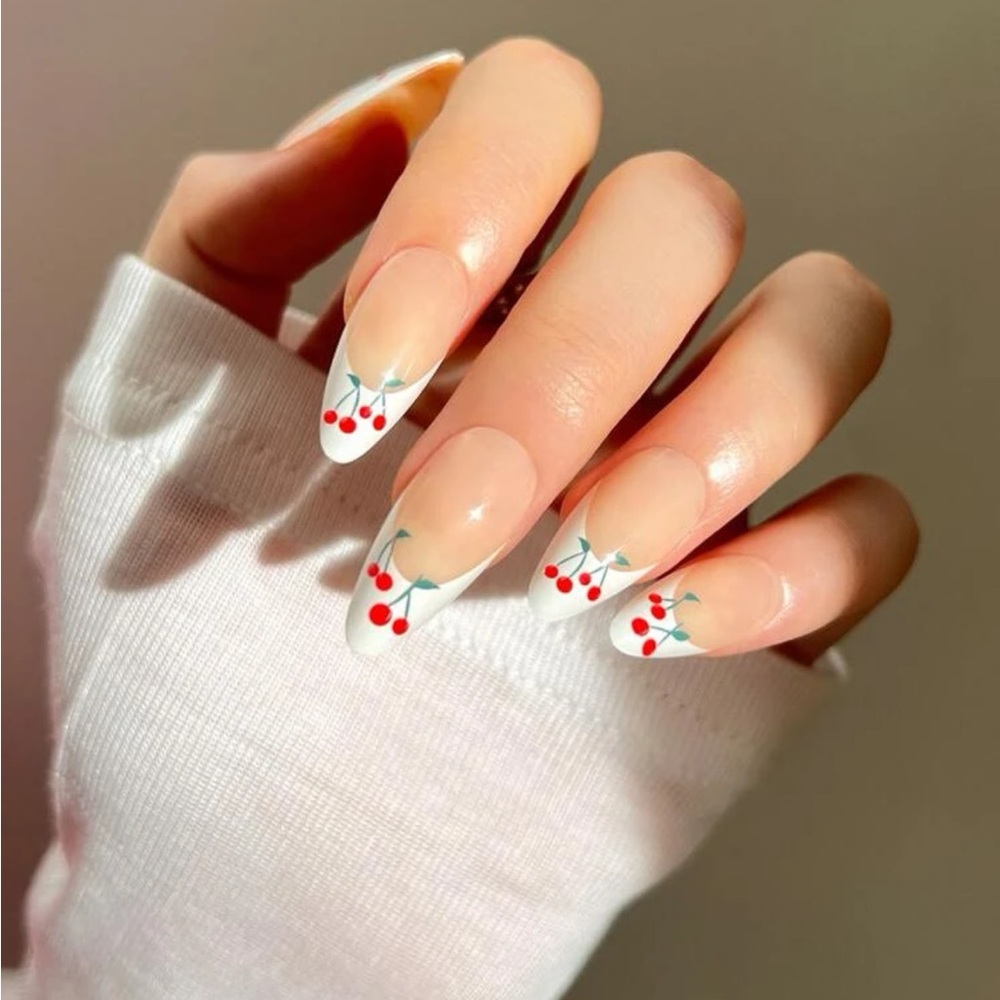 New Cherry French Tip Almond Press On Nails Set of 24